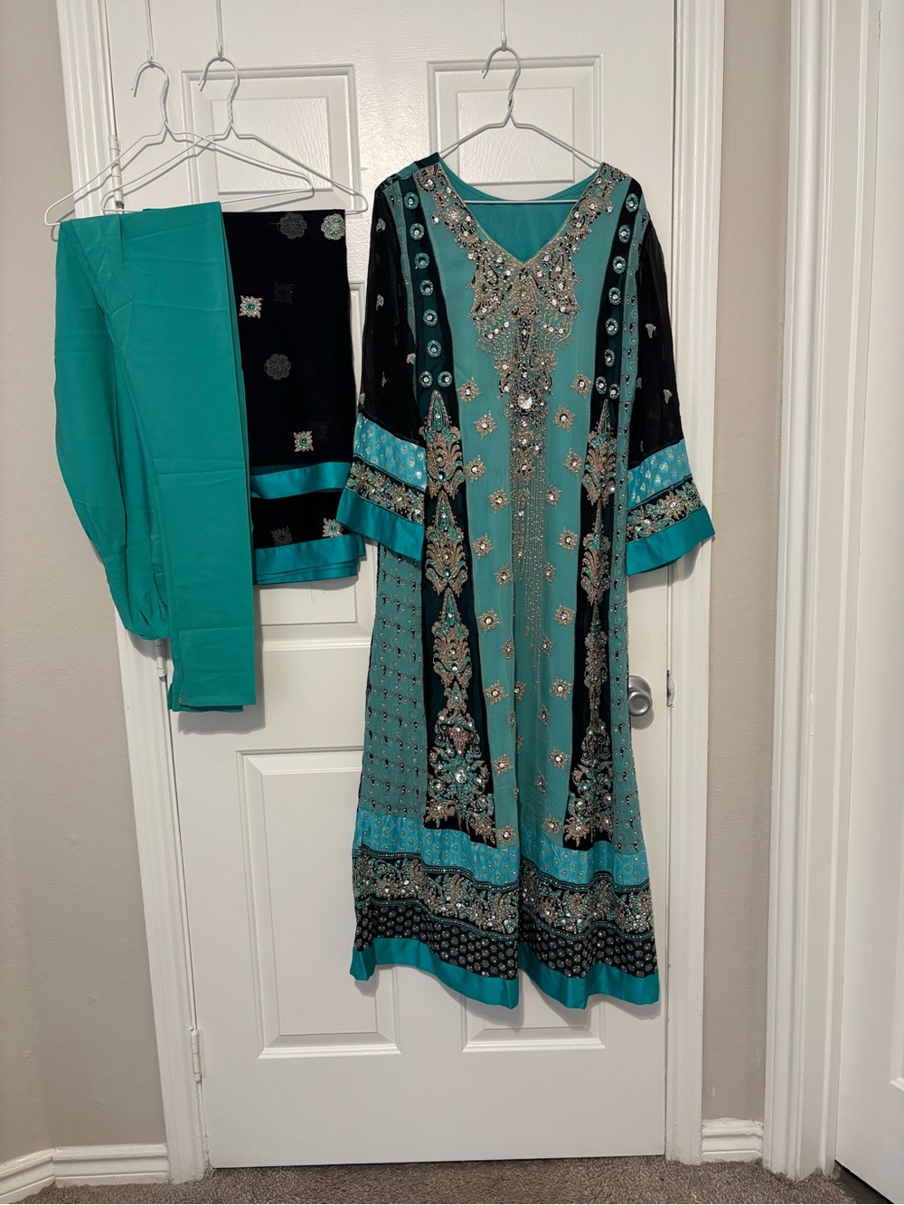 NWOT Pakistani 3-Piece Formal Suit Heavy Embroidery Teal Black